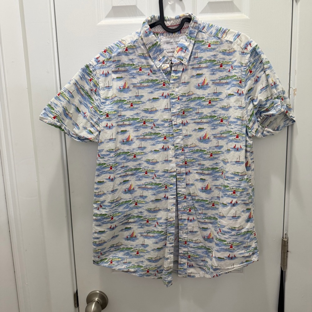 Denim & Flower Men's Short-Sleeve Sailboat Print Shirt - White, Blue, Red